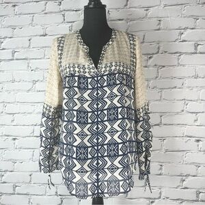 Lucky Brand Womens Tan and Blue Boho Aztec Blouse Top Ruched Sleeve Size Medium